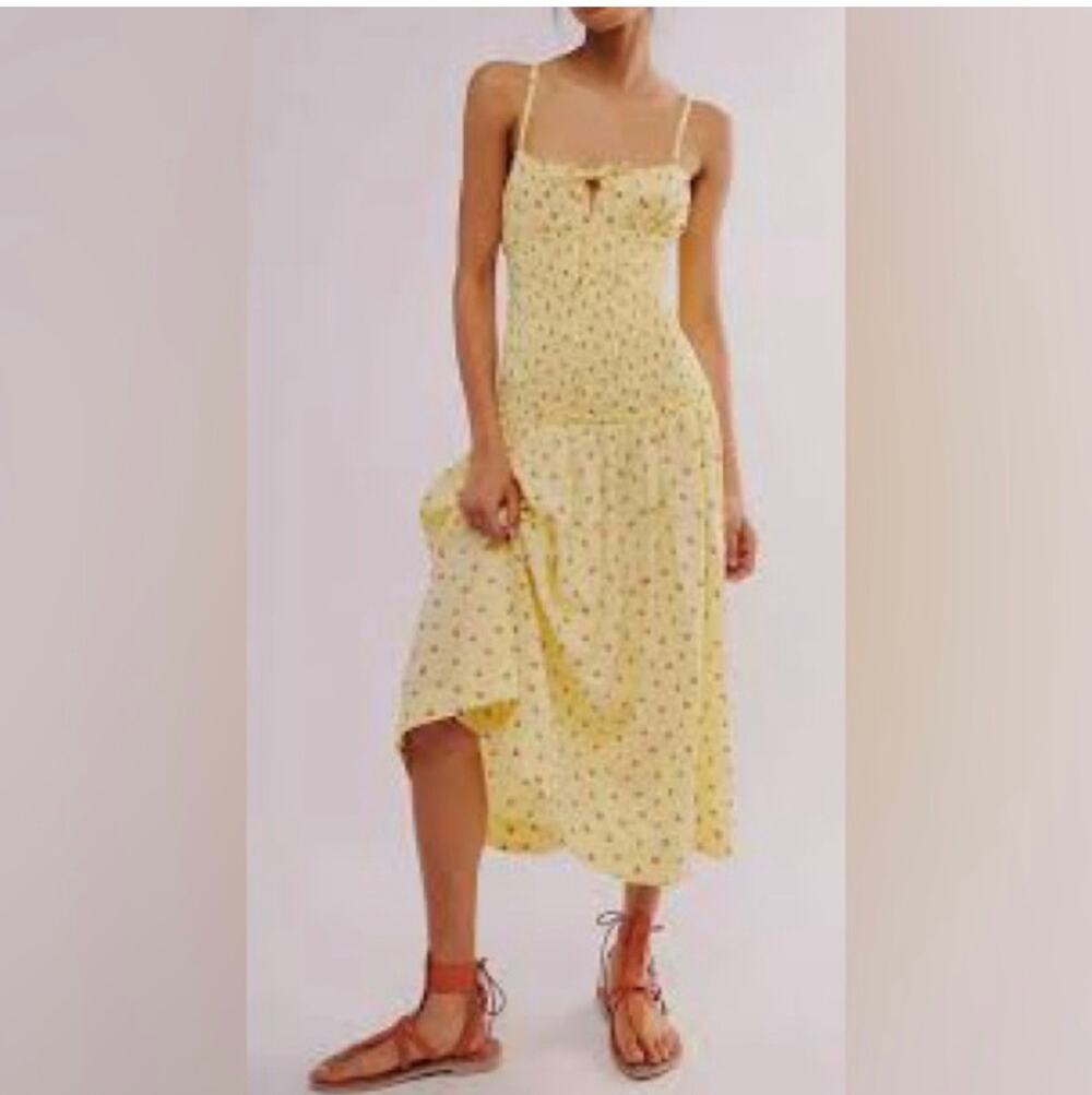 Free people Lavender Haze Butter Yellow Midi Dress Strawberries SZ L